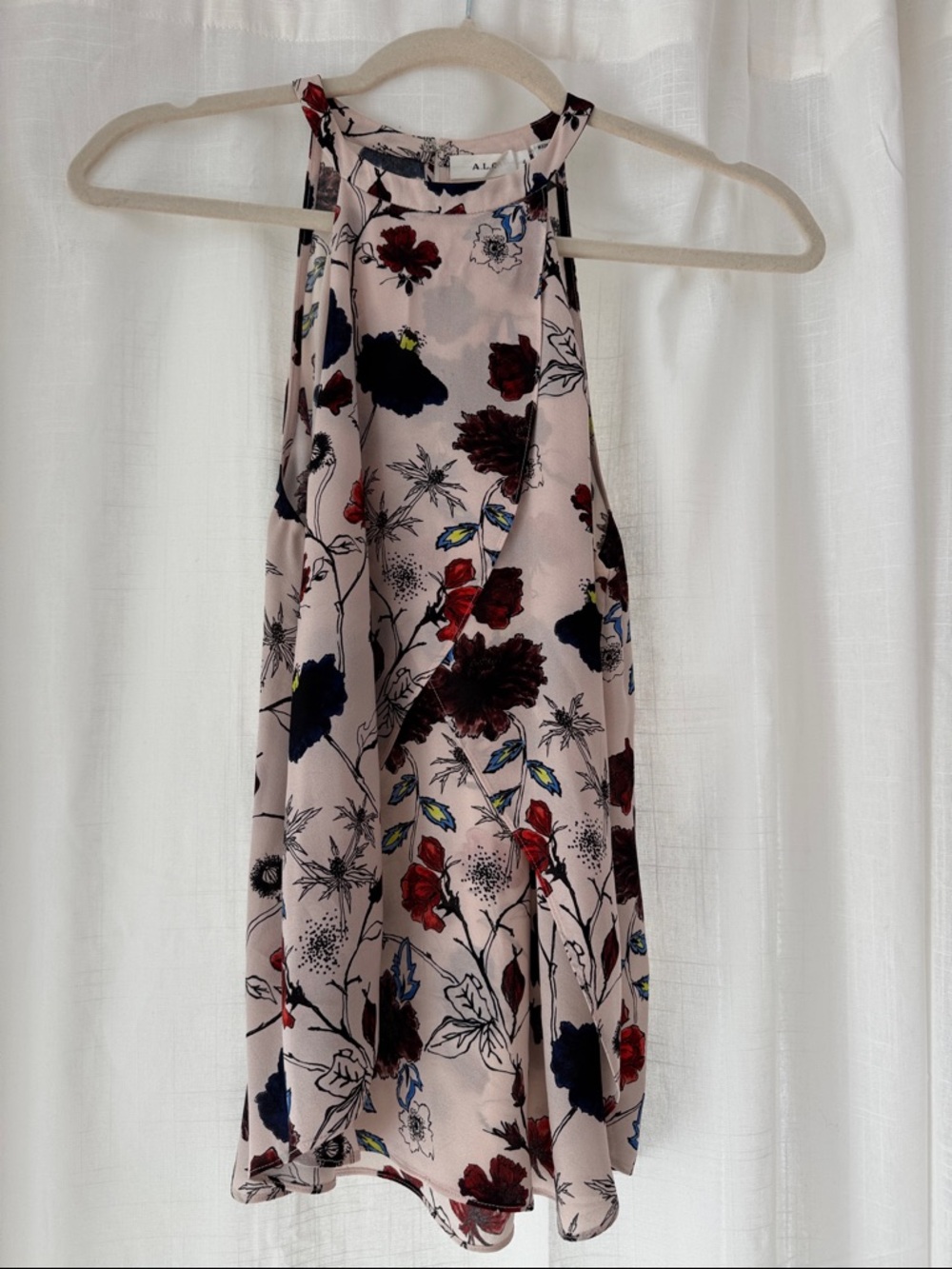 ALC Floral Halter Silk Tank in Blush with Red & Navy Flowers